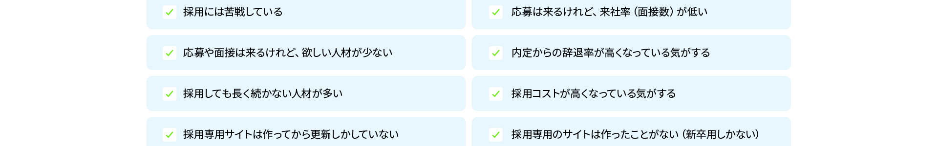 採用には苦戦している、欲しい人材が少ない、長く続かない、内定辞退率が高い、採用コストが高い